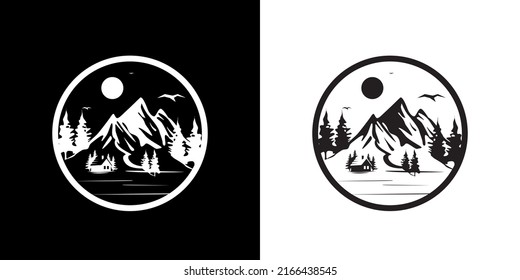 Emblem Nature Mountains Birds Sun Snow Forest House Trees Spruce Logo