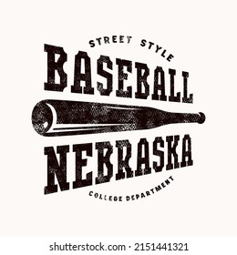 Emblem of Nebraska baseball team in college style. Graphic design for t-shirt. Black print with rough retro texture on white background