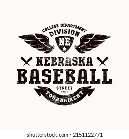 Emblem of Nebraska baseball tournament in college style. Graphic design for t-shirt. Black print with rough retro texture on white background