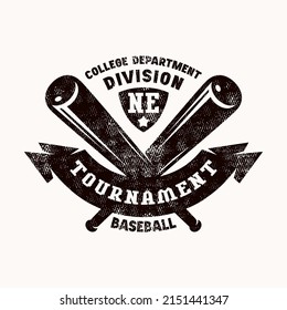 Emblem of Nebraska baseball tournament in college style. Graphic design for t-shirt. Black print with rough retro texture on white background