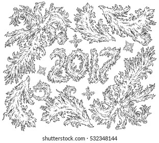 Emblem New Year 2017 with a frosty pattern - hand drawn vector illustration, isolated on white
