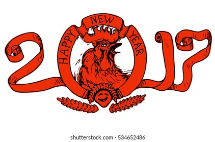 Emblem of the new year 2017 with a red rooster - colored vector illustration, isolated on white