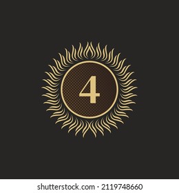 Emblem Number 4 Gold Monogram Design. Luxury Volumetric Logo Template. 3D Line Ornament for Business Sign, Badge, Crest, Label, Boutique Brand, Hotel, Restaurant, Heraldic. Vector Illustration