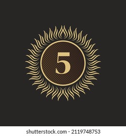 Diseño del Monograma Dorado Emblem Número 5. Plantilla De Logotipo Volátil De Lujo. Ornamento de línea 3D para la firma de negocios, insignia, cresta, etiqueta, marca boutique, hotel, restaurante, heráldico. Ilustración vectorial