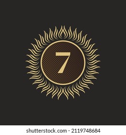Emblem Number 7 Gold Monogram Design. Luxury Volumetric Logo Template. 3D Line Ornament for Business Sign, Badge, Crest, Label, Boutique Brand, Hotel, Restaurant, Heraldic. Vector Illustration