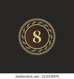 Emblem Number 8 Gold Monogram Design. Luxury Volumetric Logo Template. 3D Line Ornament for Business Sign, Badge, Crest, Label, Boutique Brand, Hotel, Restaurant, Heraldic. Vector Illustration