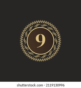 Diseño del Monograma Dorado Emblem Número 9. Plantilla De Logotipo Volátil De Lujo. Ornamento de línea 3D para la firma de negocios, insignia, cresta, etiqueta, marca boutique, hotel, restaurante, heráldico. Ilustración vectorial