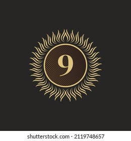 Emblem Number 9 Gold Monogram Design. Luxury Volumetric Logo Template. 3D Line Ornament for Business Sign, Badge, Crest, Label, Boutique Brand, Hotel, Restaurant, Heraldic. Vector Illustration