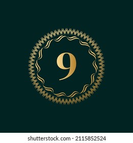 Emblem Number 9 Weaving Circle Monogram Graceful Template. Simple Logo Design for Luxury Crest, Royalty, Business Card, Boutique, Hotel, Heraldic. Calligraphic Vintage Border. Vector Illustration