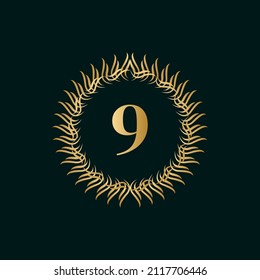 Emblem Number 9 Weaving Circle Monogram Graceful Template. Simple Logo Design for Luxury Crest, Royalty, Business Card, Boutique, Hotel, Heraldic. Calligraphic Vintage Border. Vector Illustration