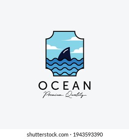Emblem of Ocean Shark Line Art Logo, Illustration Design of Pacific Marine, Horizon Coastline Vector Concept