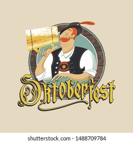 The Emblem Of The Oktoberfest. Traditional beer festival. A man in German clothes drinking beer from a large mug. The inscription in Gothic letters. Hand drawn vector illustration.