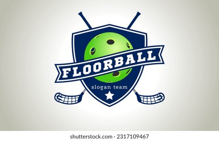 Emblem on the blue shield is a green floorball ball. Logo. Vector image.