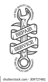 The emblem on the theme of repair. Spanners and ribbon for your text. Monochrome vintage style.