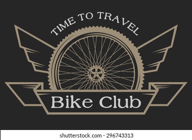 The emblem on the topic of bicycles. Symbol wheel with wings and place for your text.