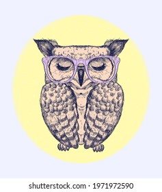 Emblem with owl dressed in glasses, art graphic vector illustration sign