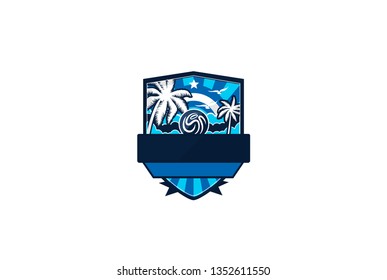 
emblem with palm trees and sun