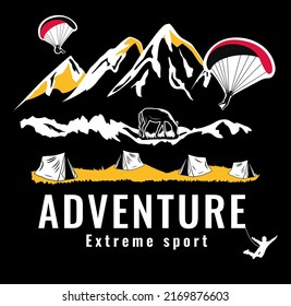 Emblem. Paragliders are jumping with a paraglider. Rest with tents. Vector stock illustration. Black background. Extreme sport in the mountains