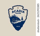 Emblem patch logo illustration of Acadia National Park, Maine, USA.