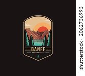 Emblem patch logo illustration of  Banff National park on dark background, mountain canyon and lake landscape logo badge