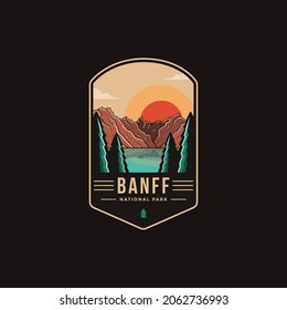 Emblem patch logo illustration of  Banff National park on dark background, mountain canyon and lake landscape logo badge