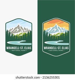 Ilustración del logotipo de Emblem patch de Wrangell-St. Parque nacional Elias y Preservación en fondo oscuro