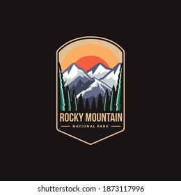 Emblem patch logo illustration of  Rocky Mountain National park on dark background