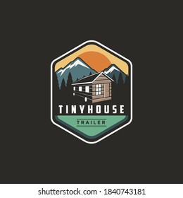 Emblem patch outdoor tiny house trailer logo vector illustration on dark background