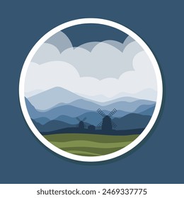 Ilustración vectorial de parche de emblema del molino de viento de Holanda. Paisaje rural de verano de hermosos campos de verano.