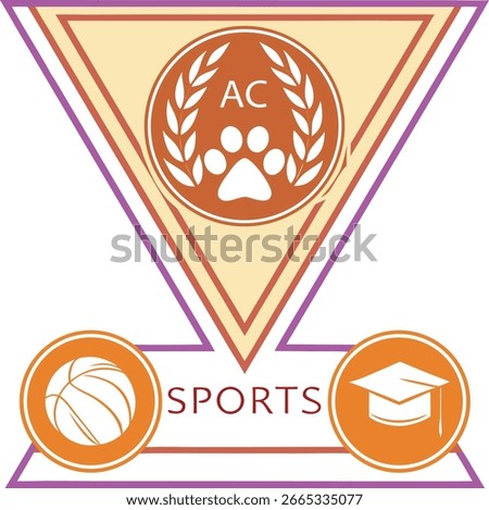 Emblem with paw print, laurel wreath, basketball, graduation cap and text SPORTS academic achievement
