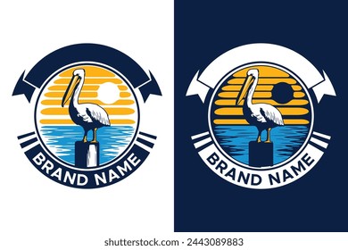 emblem pelican standing on the pier illustration vector logo design 