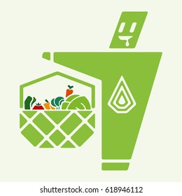 Emblem with a person holding basket with vegetables.