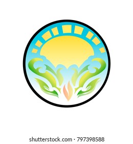 Emblem with a picture of the sun and a pattern. Vector illustration.