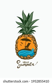 emblem of pineapple tropical fruit with sea, lounge and umbrella
