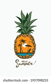 emblem of pineapple tropical fruit with sea, palm and seagulls