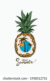 emblem of pineapple tropical fruit with sea, palm and seagulls