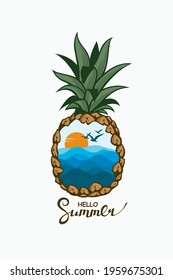 emblem of pineapple tropical fruit with sea wave, sun and seagulls