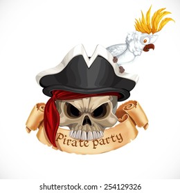 Emblem for pirate party with a skull wearing a hat and a parrot cockatoo