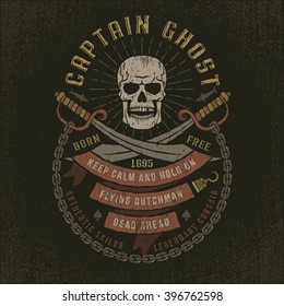 Emblem with a pirate skull in grunge style. Well suited to a T-shirt. Textures and text on separate layers.