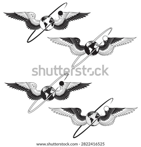 Emblem of planet earth with angel wings and sacred halo, structured with defined monochromatic strokes for visual brand identity design.