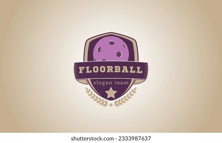 Emblema para jugar al floorball. Una pelota de lilo sobre un escudo de lila oscura con una estrella dorada y una rama. Ilustración vectorial.