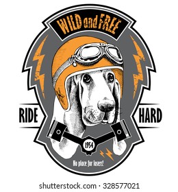 Emblem With Portrait Of A Basset Hound Dog Wearing Motorcycle Helmet. Vector Illustration.