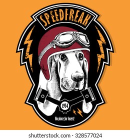 Emblem With Portrait Of A Basset Hound Dog Wearing Motorcycle Helmet. Vector Illustration.