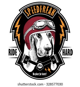 Emblem With Portrait Of A Basset Hound Dog Wearing Motorcycle Helmet. Vector Illustration.