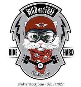 Emblem with portrait of a cat wearing motorcyclist helmet and neckerchief with image skulls. Vector illustration.