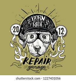 Emblem With Portrait Of A Labrador Dog Wearing Motorcycle Helmet. Vector Illustration