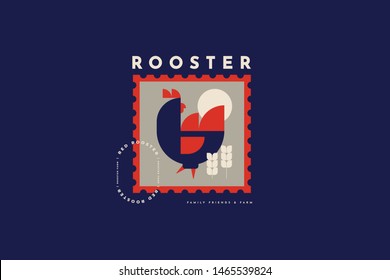 Emblem for poultry farm and chicken farm. Rooster in folk style. Image can be used for packaging design, restaurant menus, market design, butcher shops and chicken farm. Vector vintage illustration.