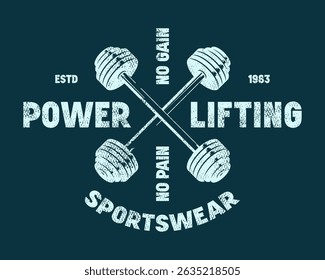 Emblem for powerlifting club. Graphic design with rough texture for t-shirt. Blue print on dark background