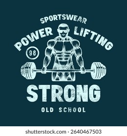Emblem for powerlifting. Graphic design with rough texture for t-shirt. Blue print on dark background