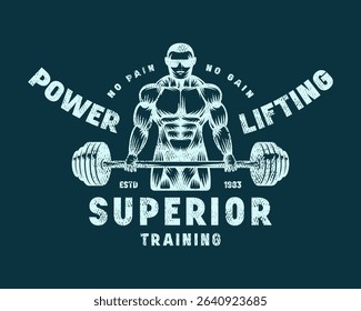 Emblem for powerlifting. Graphic design with rough texture for t-shirt. Blue print on dark background